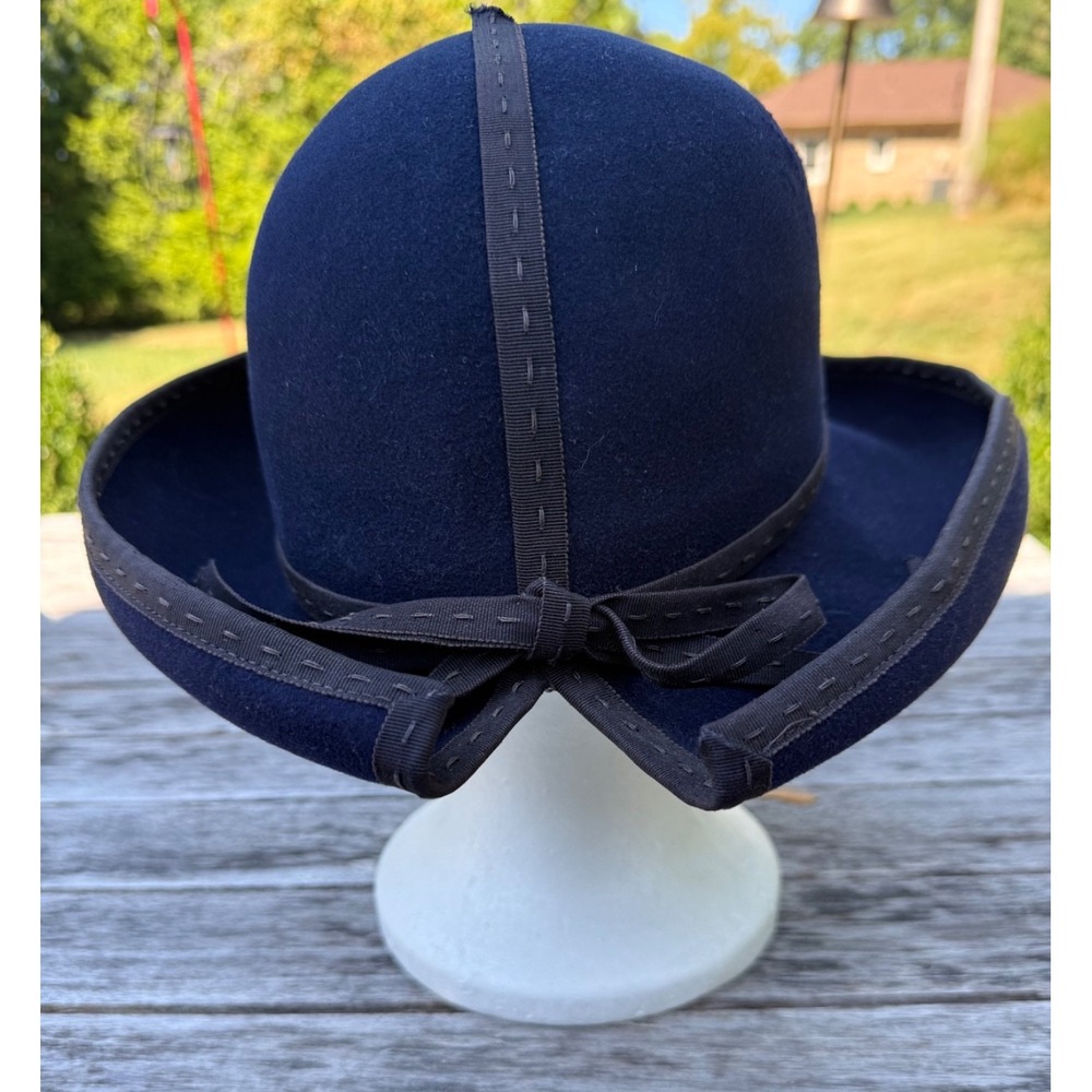 Vintage 1960's Mr. John Classic Navy Wool Cloche Womens Hat Wide Brim Size 6.5"